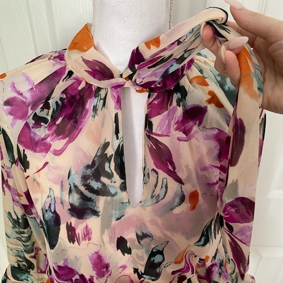 Misa- Multicolored Large Floral Longsleeve Mini Ruffle Dress with Neck Tie - Picture 8 of 10